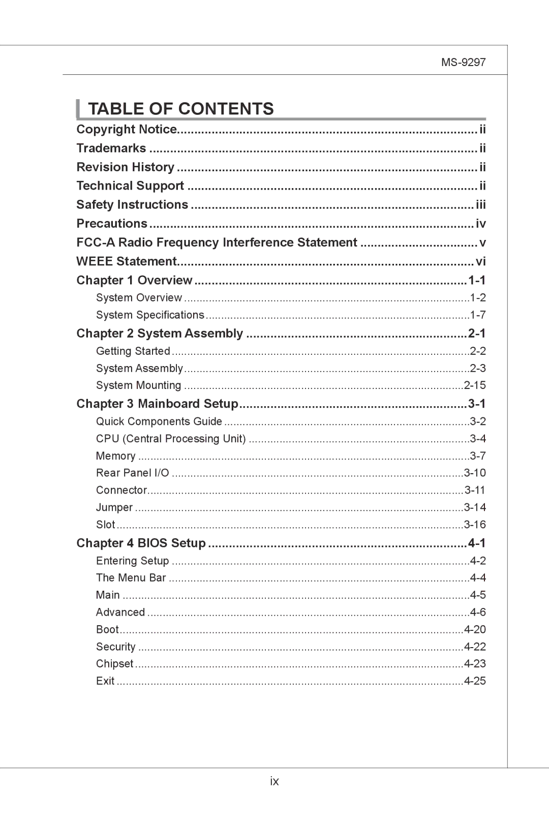 MSI MS-9297 manual Table of Contents 