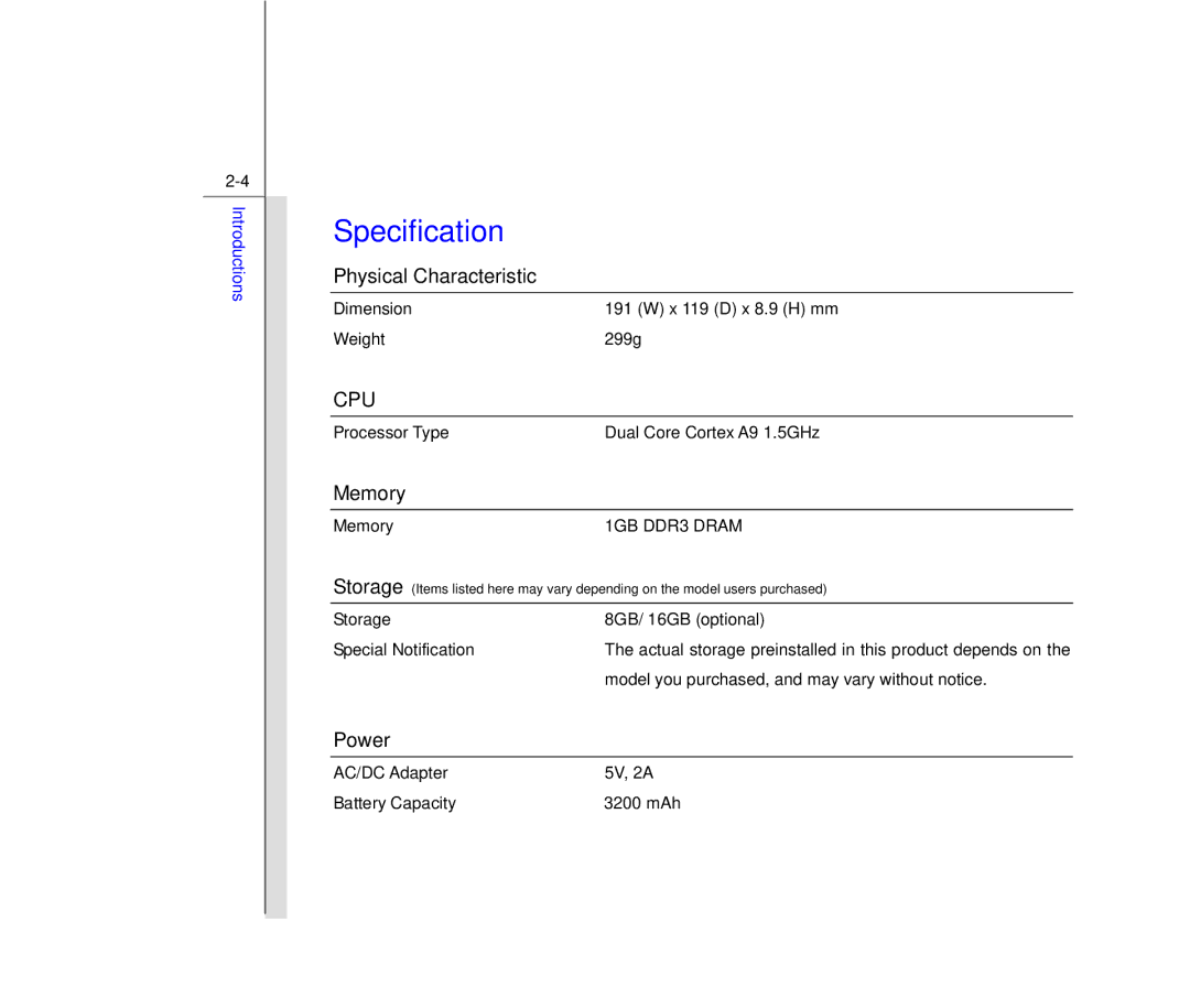 MSI MS N7Y2 manual Specification, Physical Characteristic, Memory, Power 