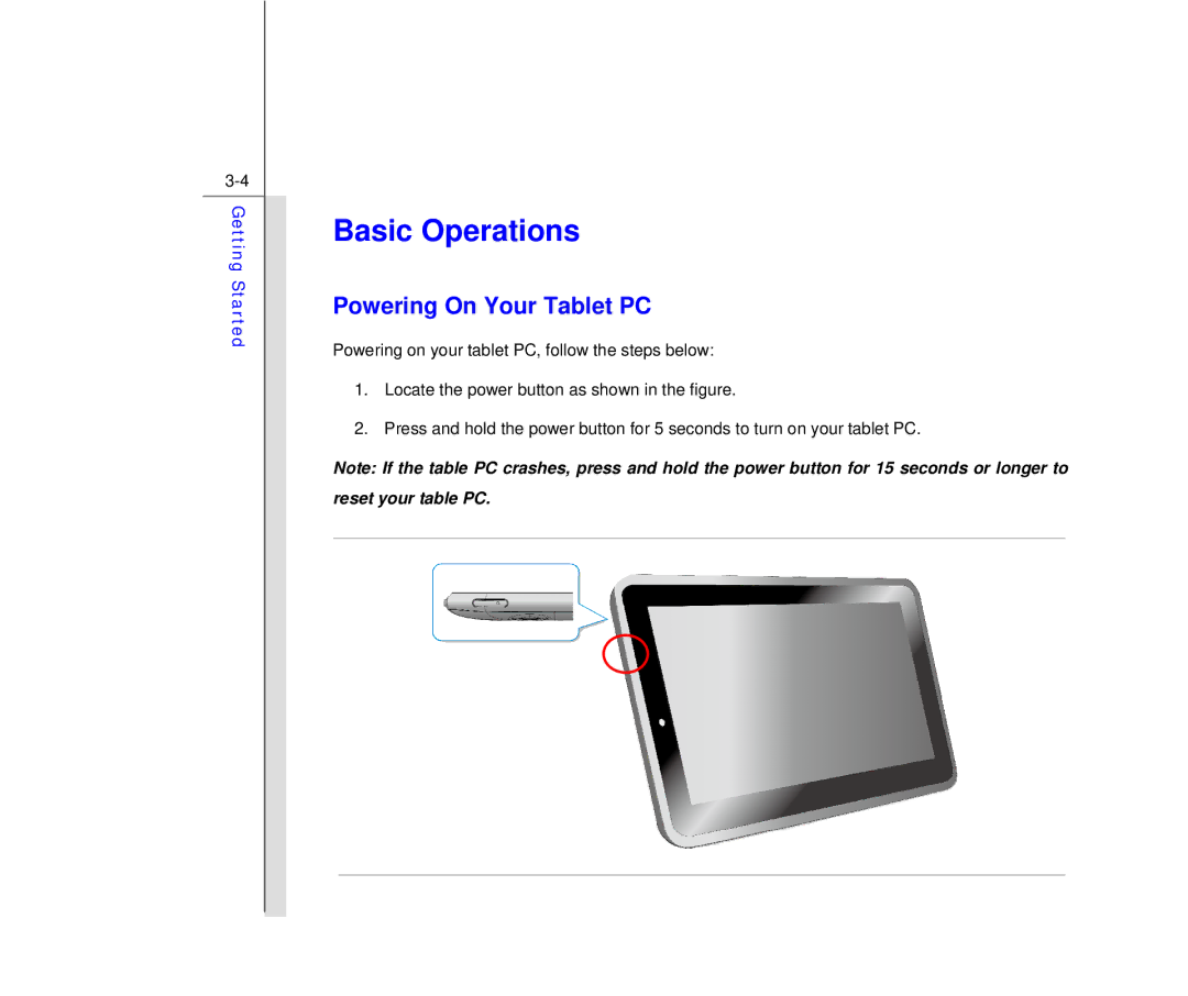 MSI MS N7Y2 manual Basic Operations, Powering On Your Tablet PC 