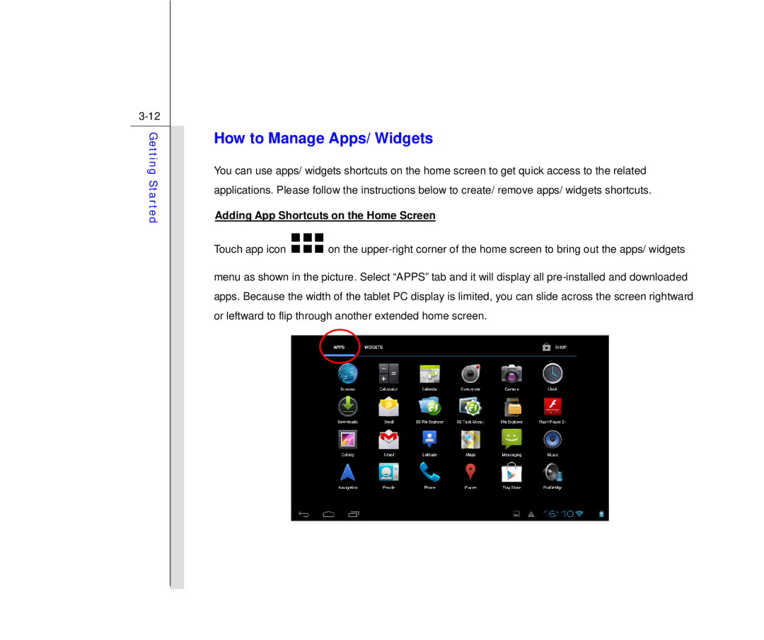 MSI MS N7Y2 manual How to Manage Apps/ Widgets, Adding App Shortcuts on the Home Screen 