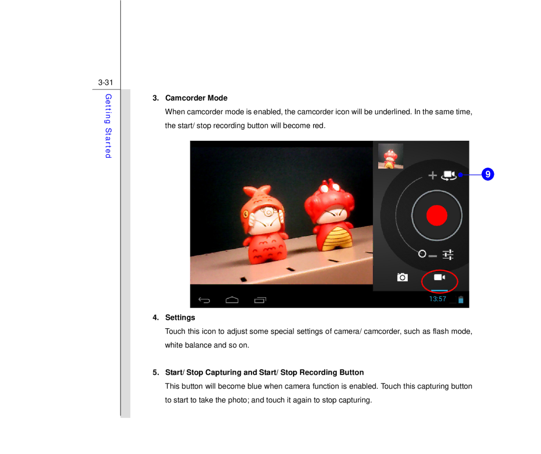 MSI MS N7Y2 manual Camcorder Mode, Settings, Start/ Stop Capturing and Start/ Stop Recording Button 