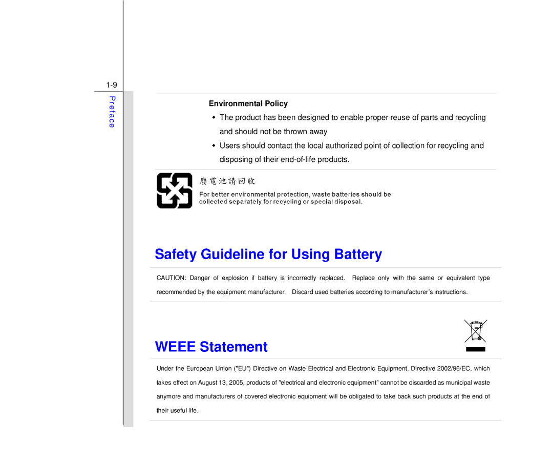 MSI MS N7Y2 manual Safety Guideline for Using Battery Weee Statement, Environmental Policy 