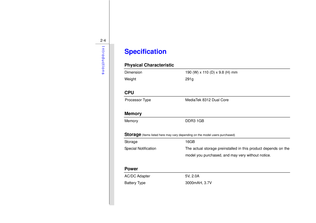 MSI N729 manual Specification, Physical Characteristic, Memory, Power 