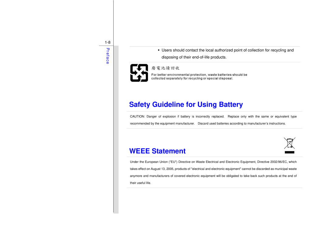 MSI N729 manual Safety Guideline for Using Battery Weee Statement 