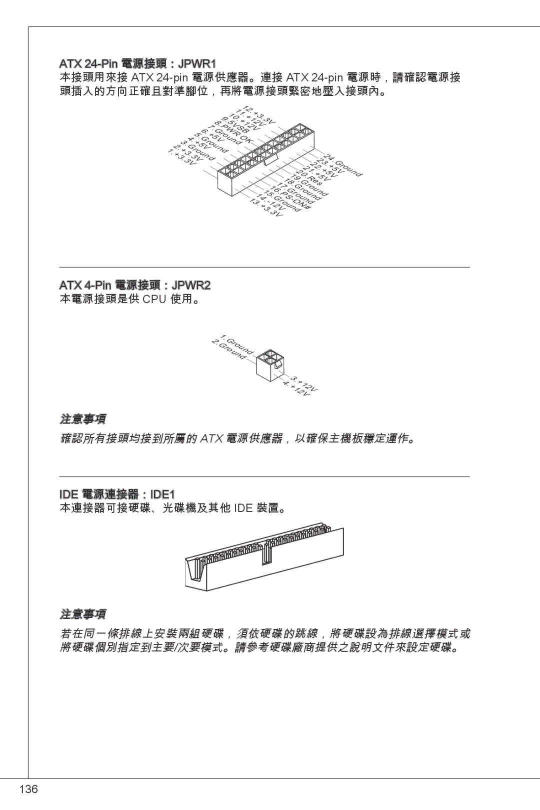 MSI NF725GM-P43 manual 注意事項 確認所有接頭均接到所屬的 Atx 電源供應器，以確保主機板穩定運作。 