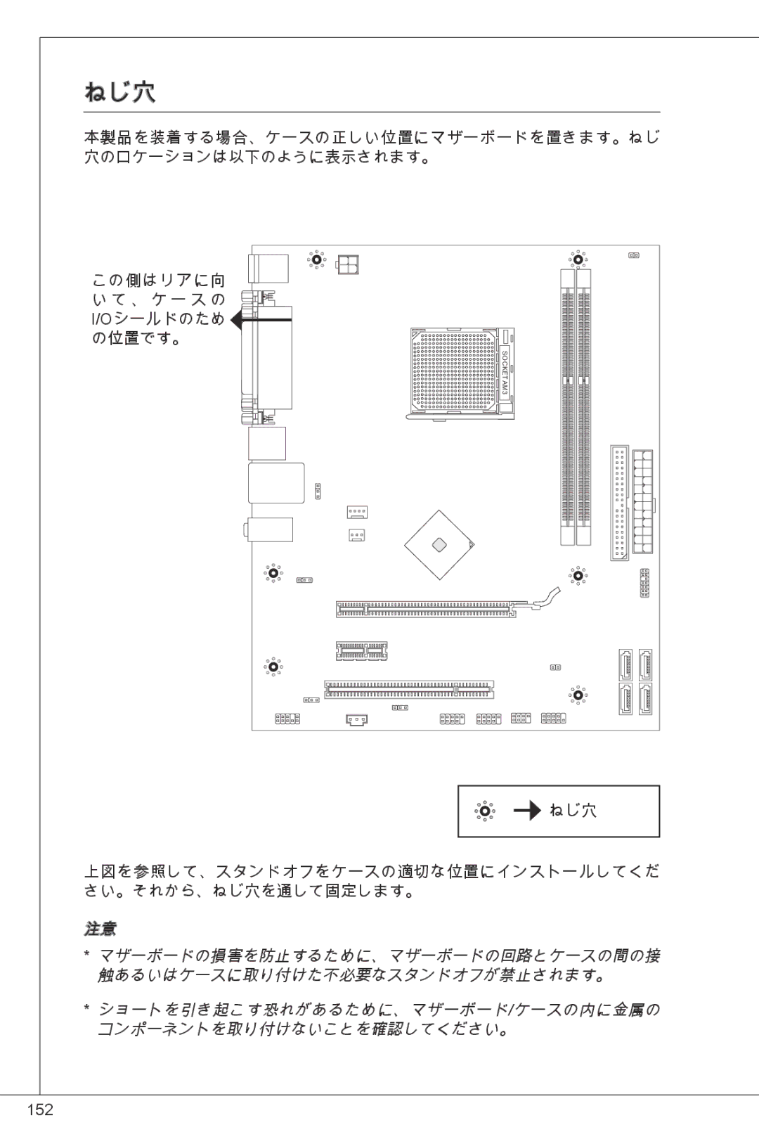 MSI NF725GM-P43 ねじ穴, マザーボードの損害を防止するために、マザーボードの回路とケースの間の接, 触あるいはケースに取り付けた不必要なスタンドオフが禁止されます。, コンポーネントを取り付けないことを確認してください。 