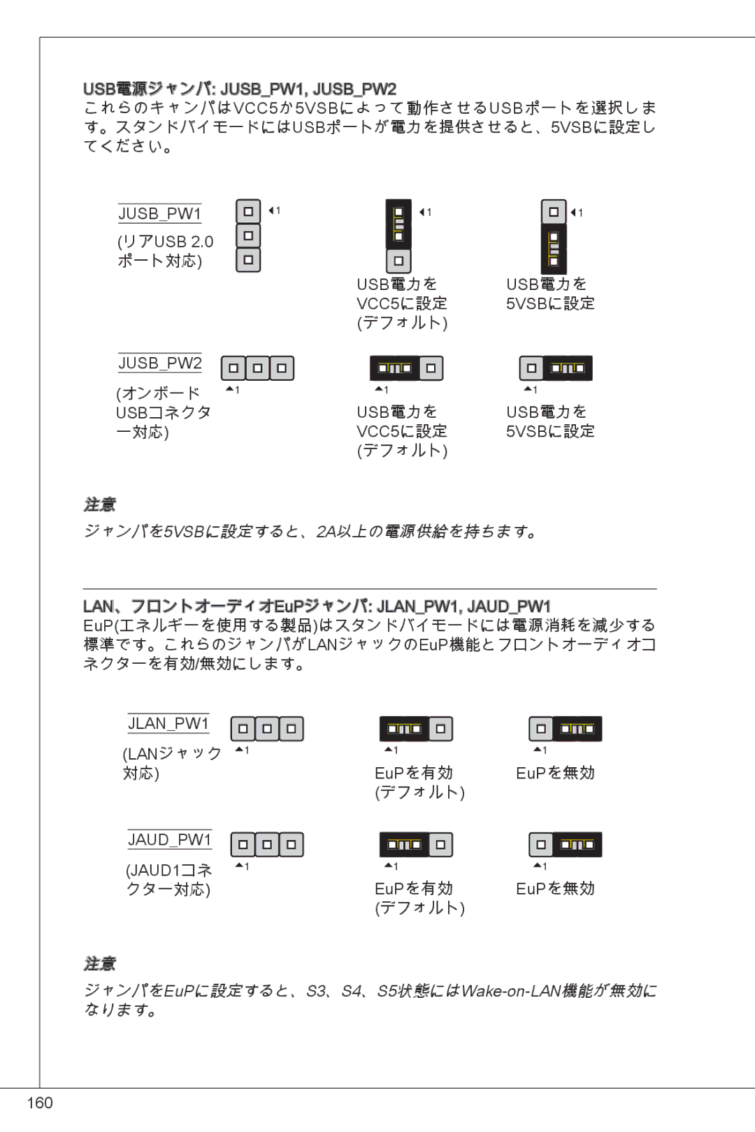 MSI NF725GM-P43 manual ジャンパを5VSBに設定すると、2A以上の電源供給を持ちます。, ジャンパをEuPに設定すると、S3、S4、S5状態にはWake-on-LAN機能が無効に, なります。 