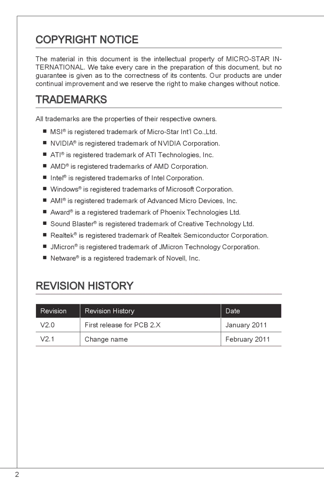 MSI NF725GM-P43 manual Copyright Notice, Trademarks, Revision History 