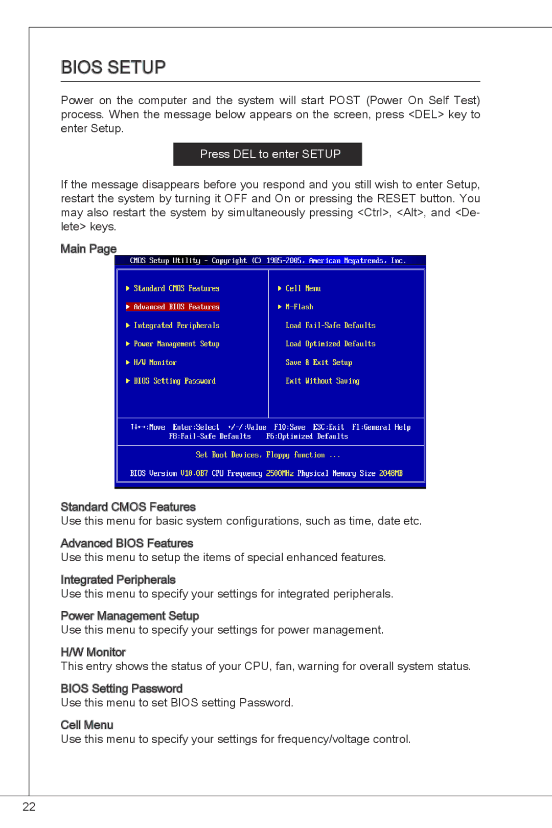 MSI NF725GM-P43 manual Bios Setup, Press DEL to enter Setup 