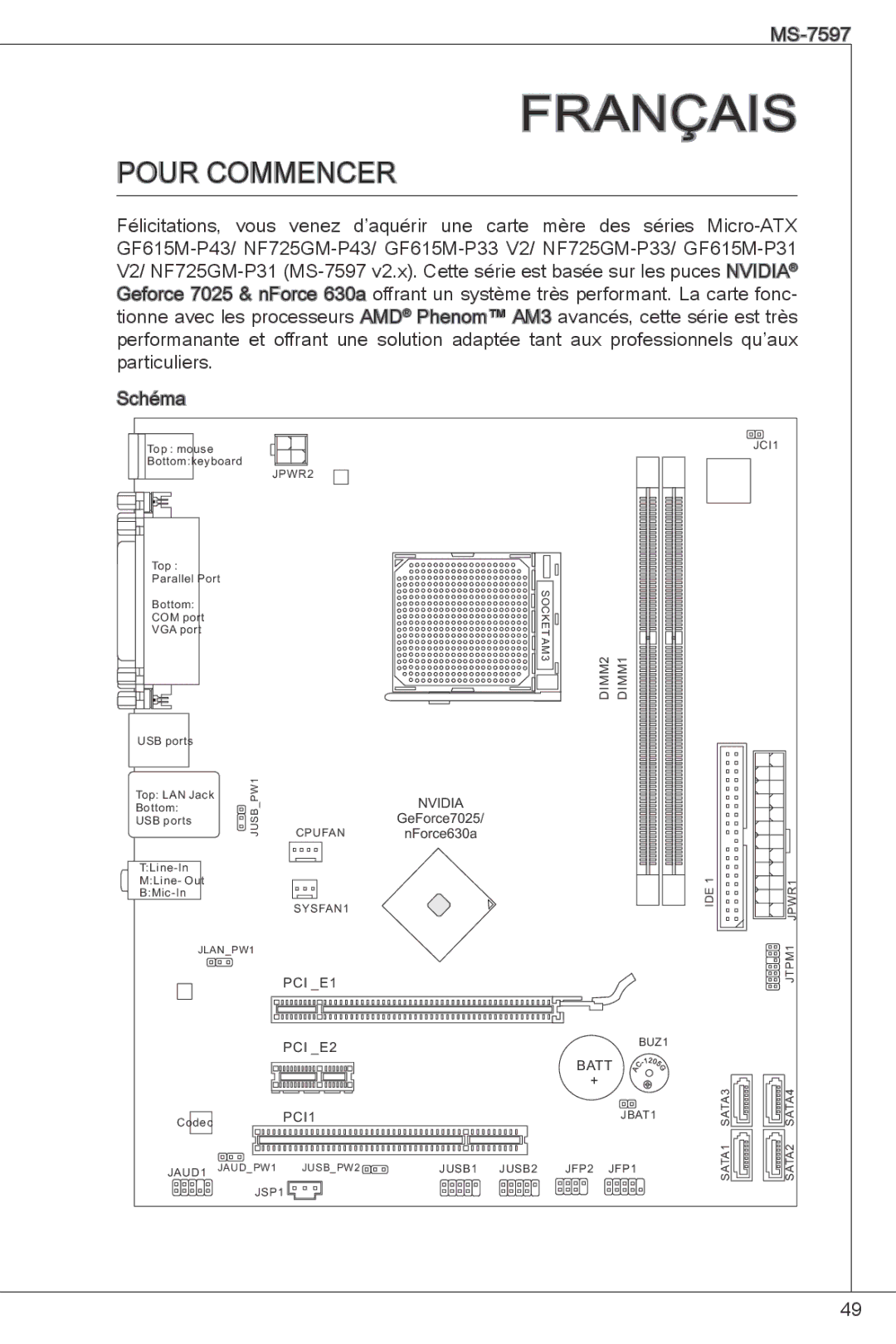 MSI NF725GM-P43 manual Français, Pour commencer 