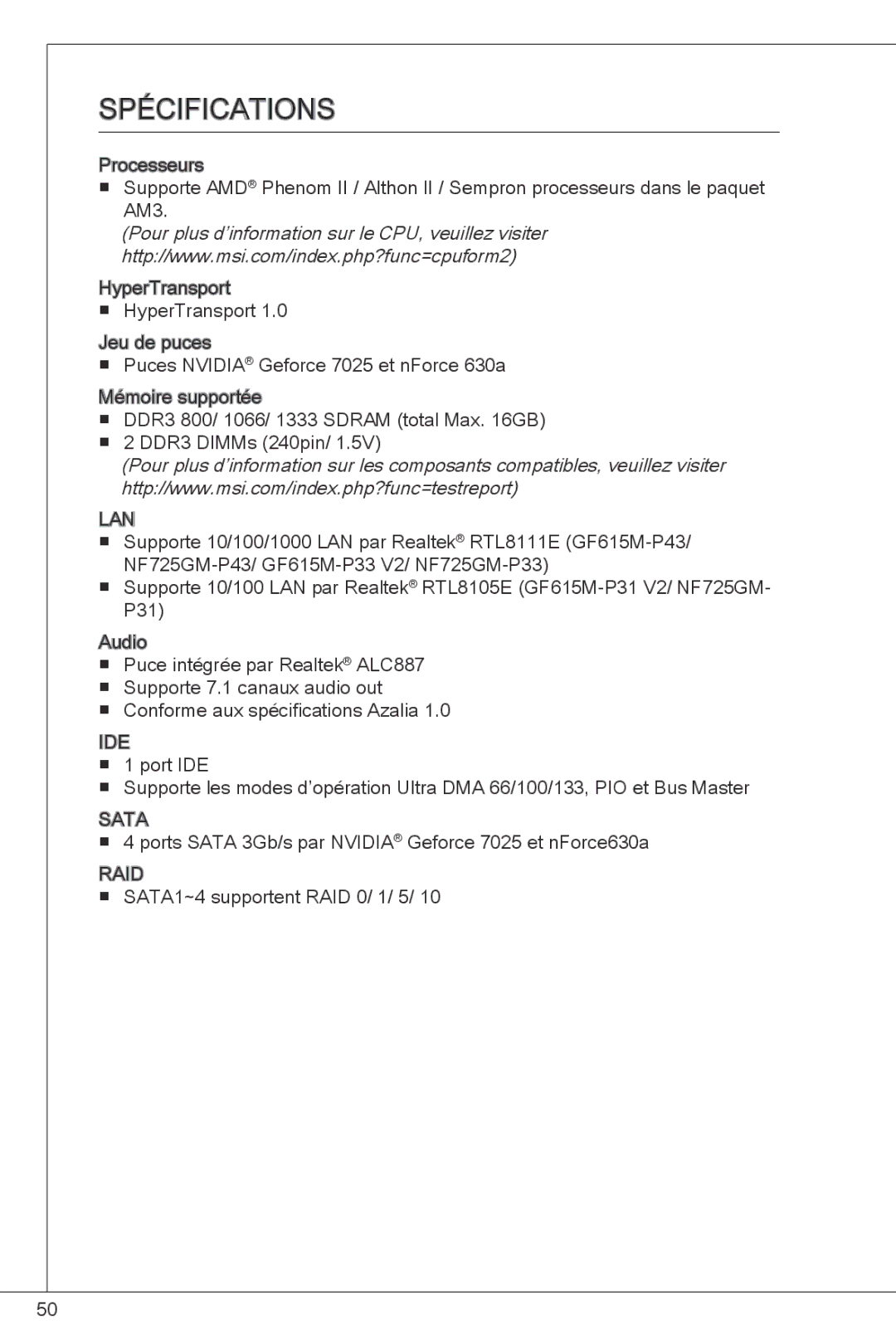 MSI NF725GM-P43 manual SPéCIFICATIONS 