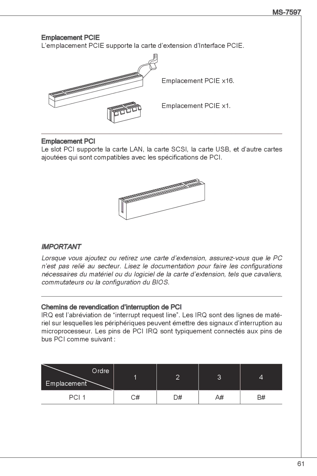 MSI NF725GM-P43 manual Ordre Emplacement 