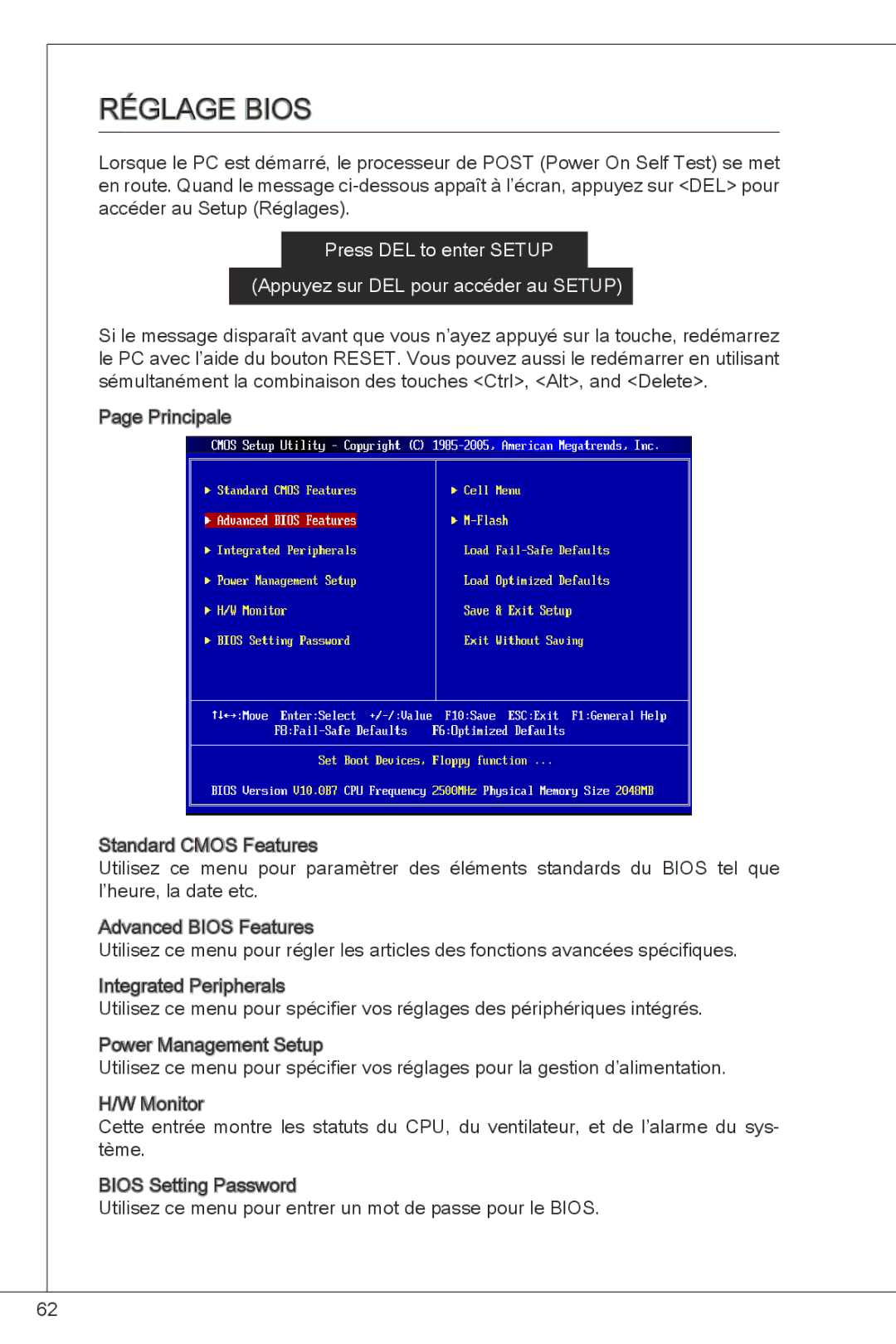 MSI NF725GM-P43 manual Réglage bios 