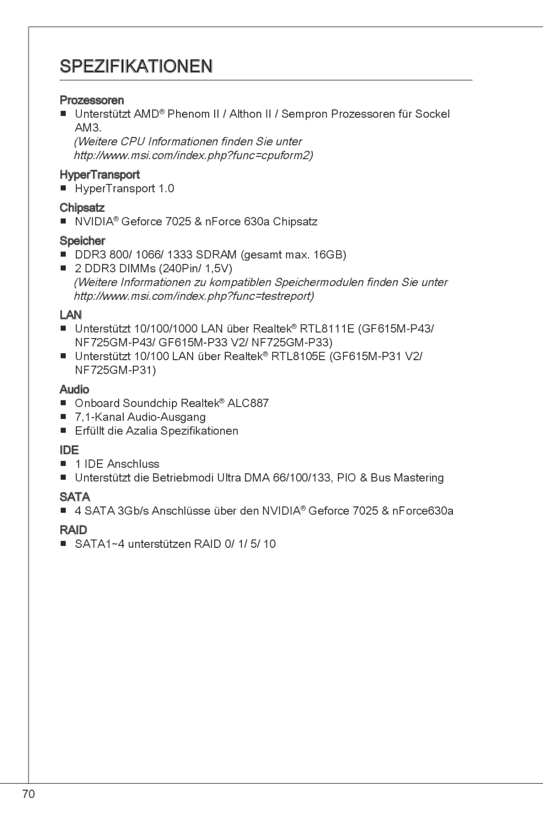 MSI NF725GM-P43 manual Spezifikationen 