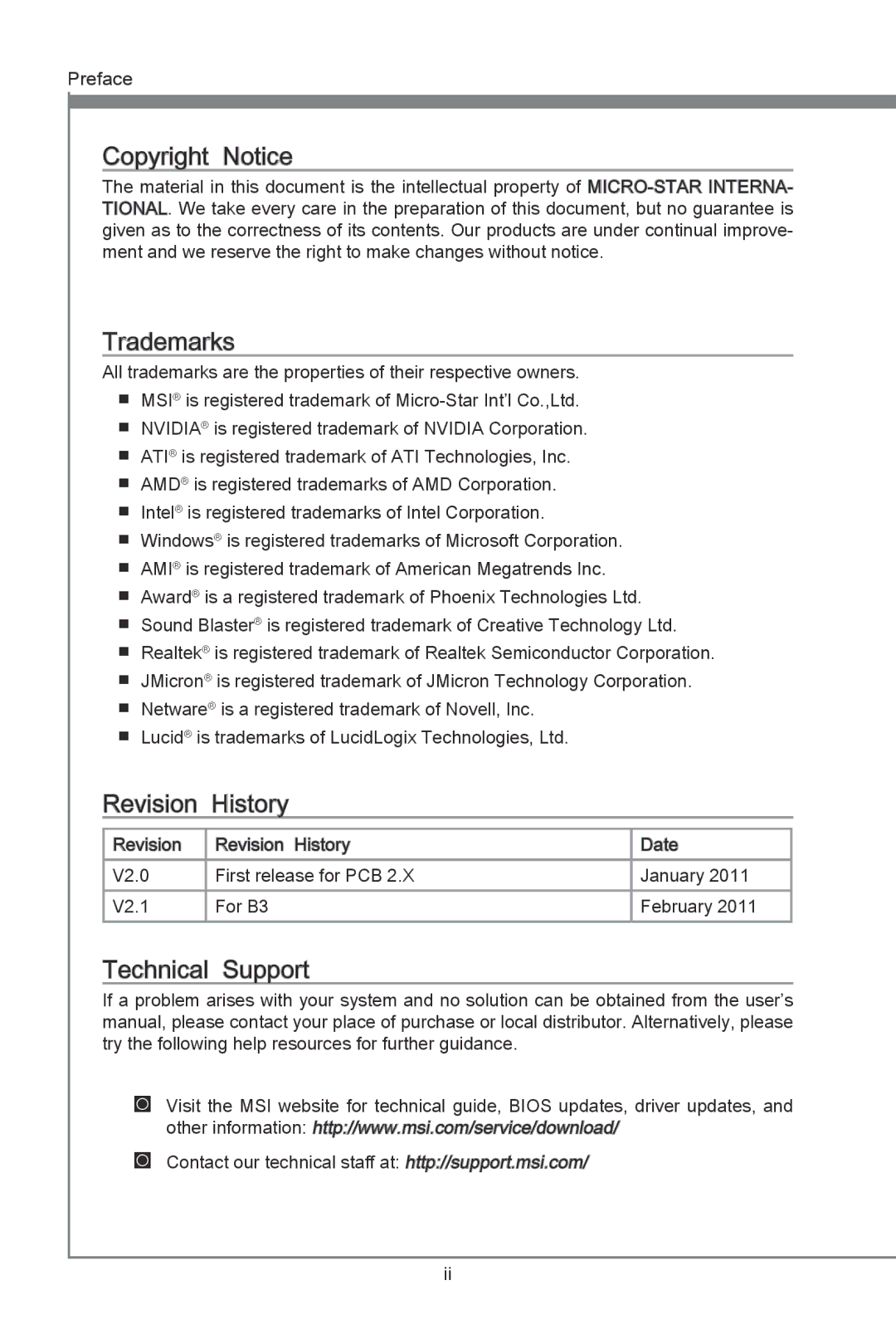 MSI P67A-G43 (B3) manual Revision History 