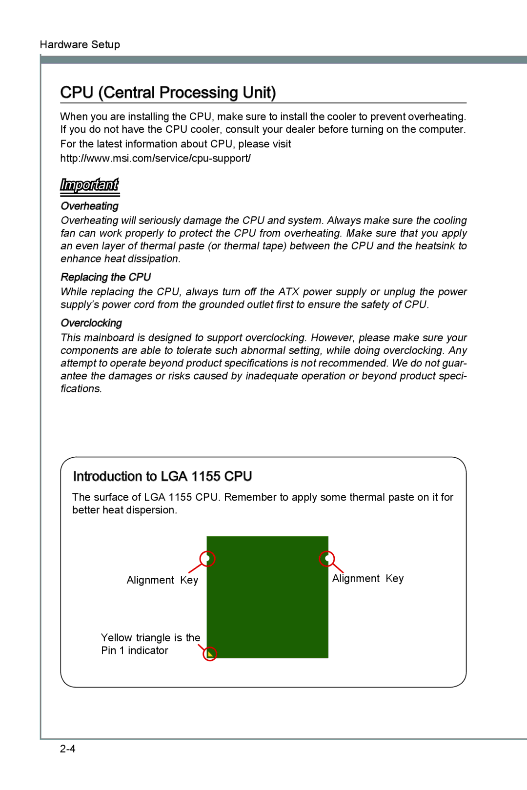 MSI P67A-G43 (B3) manual CPU Central Processing Unit, Introduction to LGA 1155 CPU 