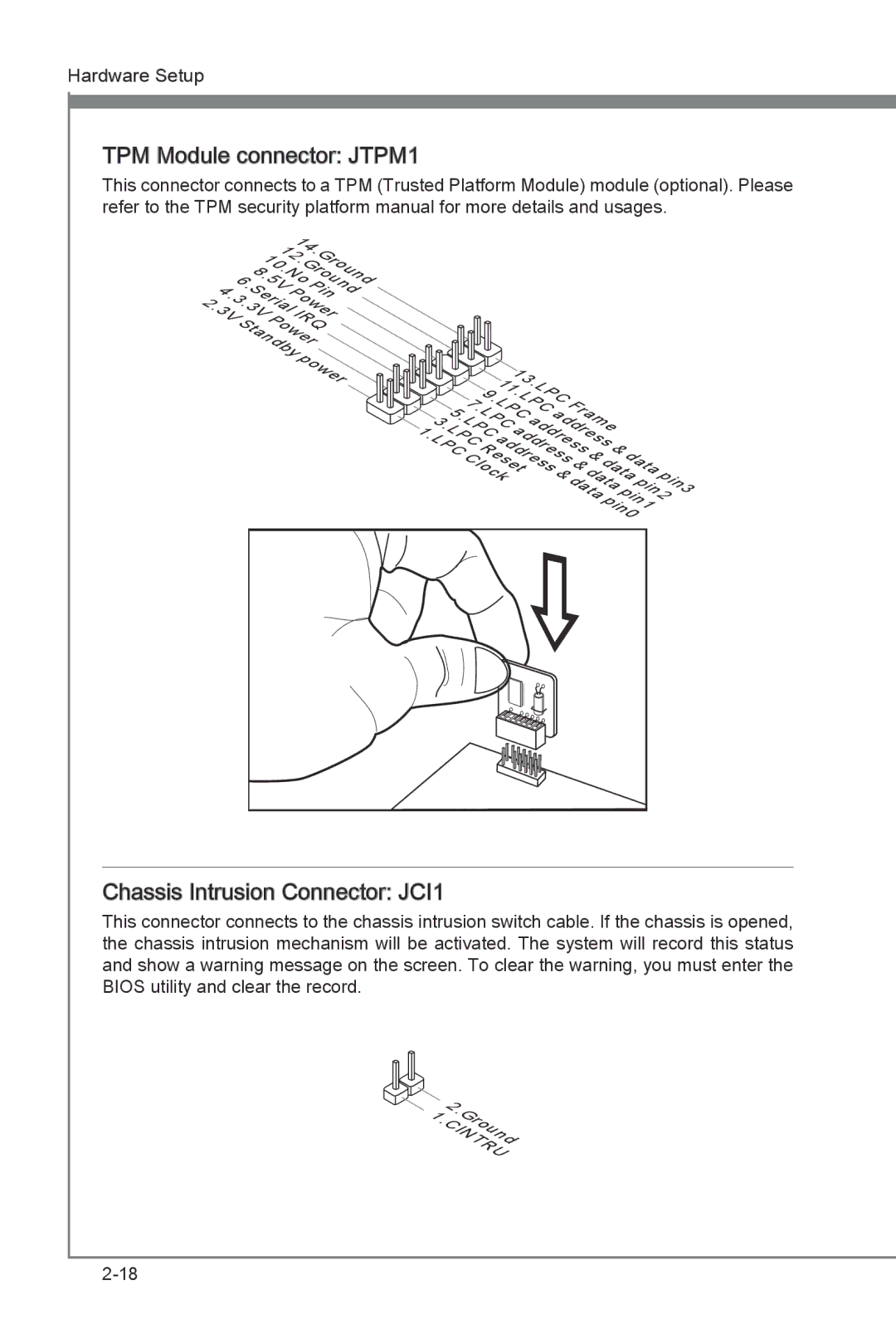 MSI P67A-G43 (B3) manual TPM Module connector JTPM1, Chassis Intrusion Connector JCI1 