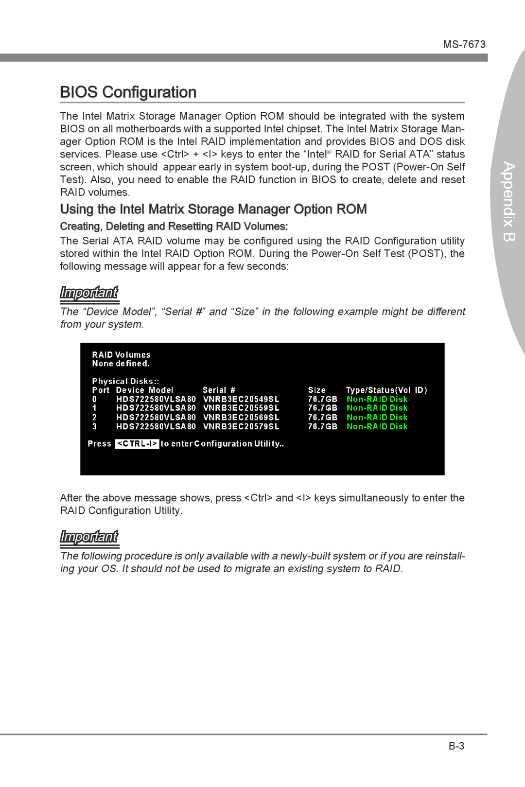 MSI P67A-G43 (B3) manual Bios Configuration, Using the Intel Matrix Storage Manager Option ROM 