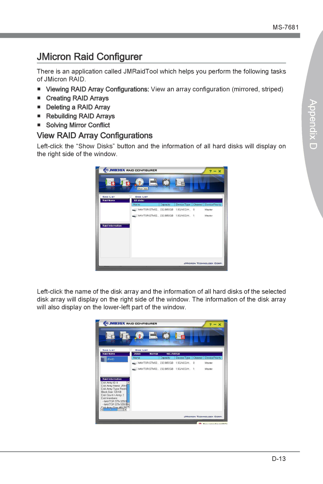 MSI P67A-GD55 (B3) manual JMicron Raid Configurer, View RAID Array Configurations 