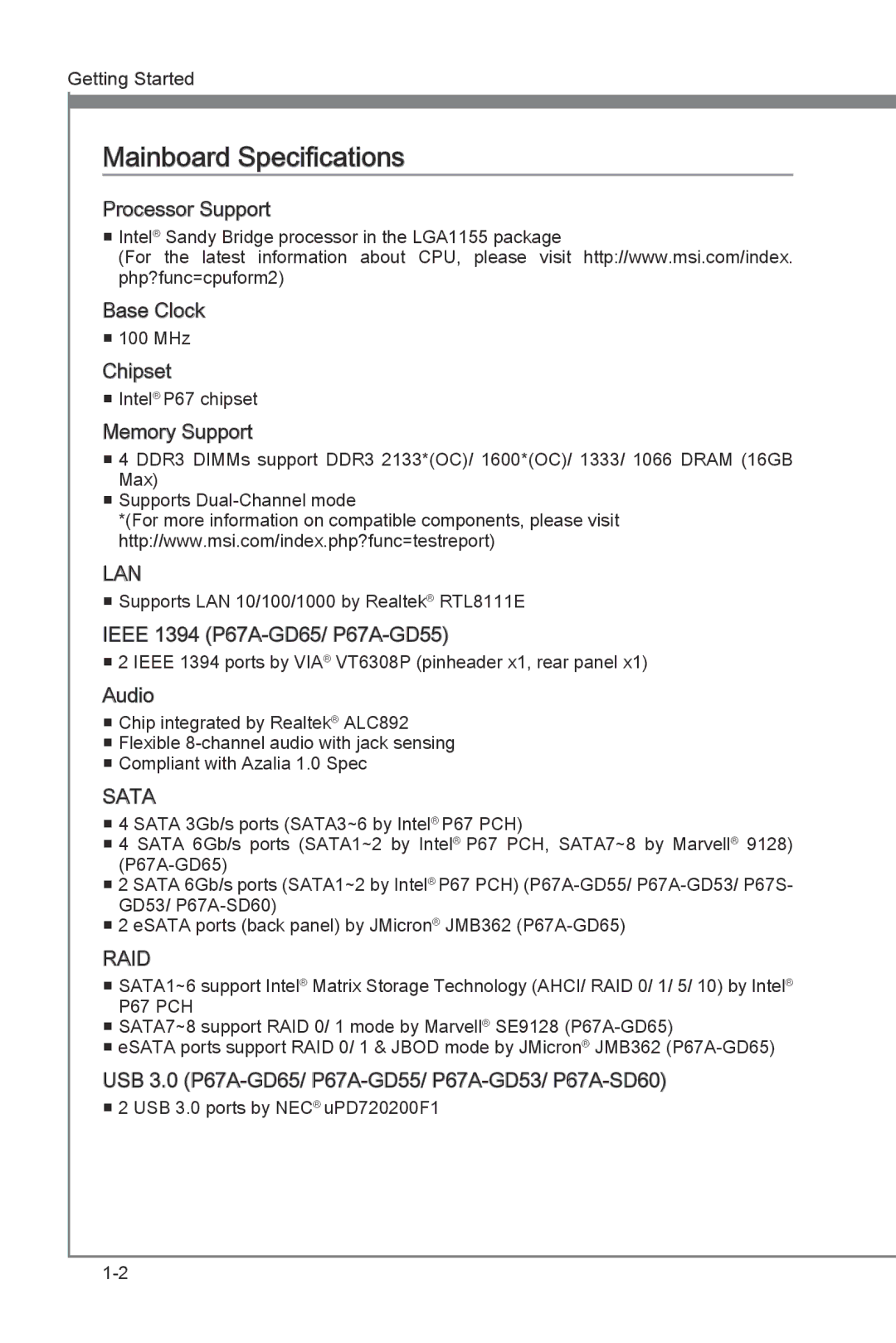 MSI P67A-GD55 (B3) manual Mainboard Specifications, Memory Support 