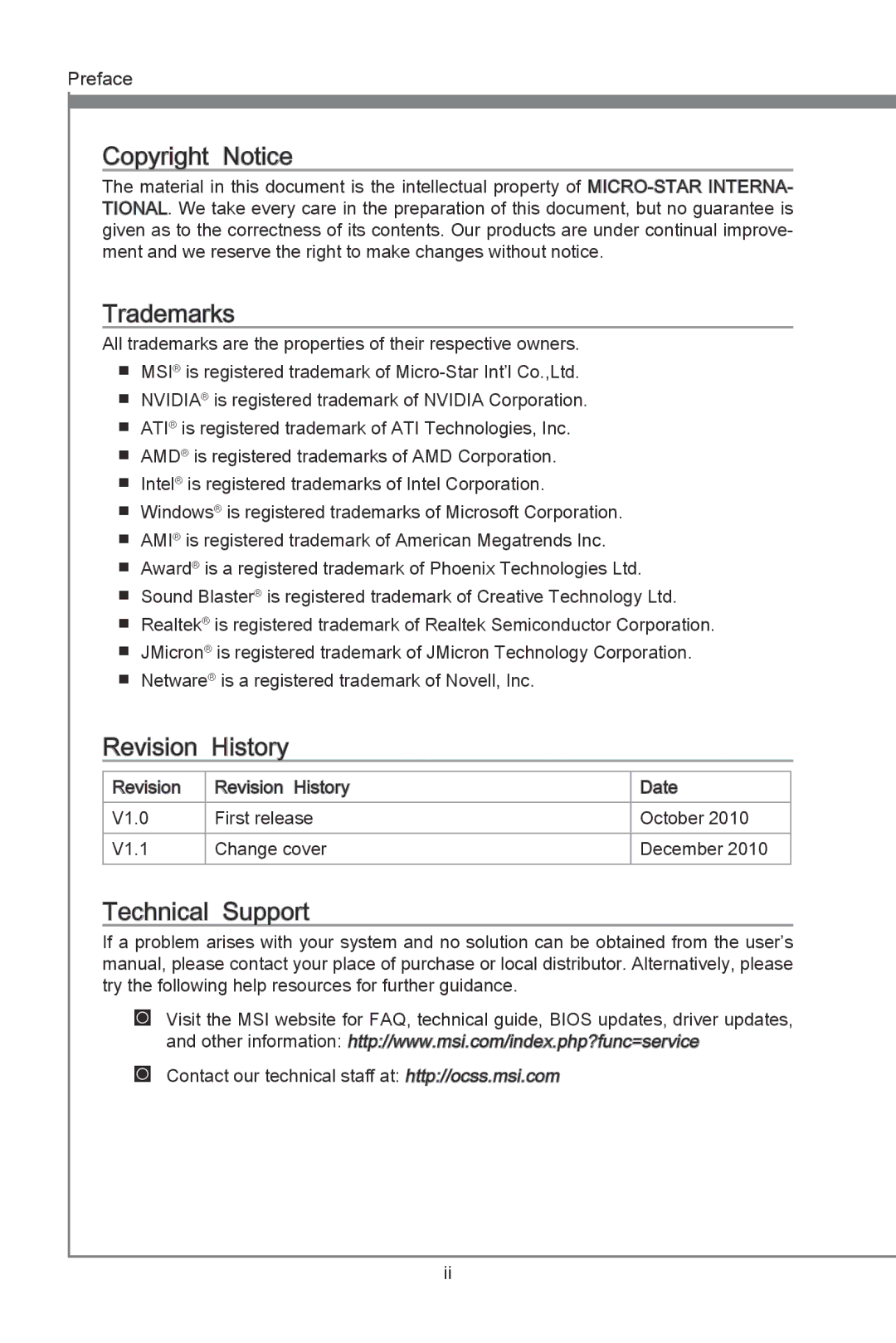 MSI P67A-GD55 (B3) manual Revision History 