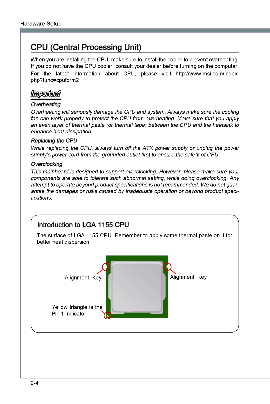 MSI P67A-GD55 (B3) manual CPU Central Processing Unit, Introduction to LGA 1155 CPU 