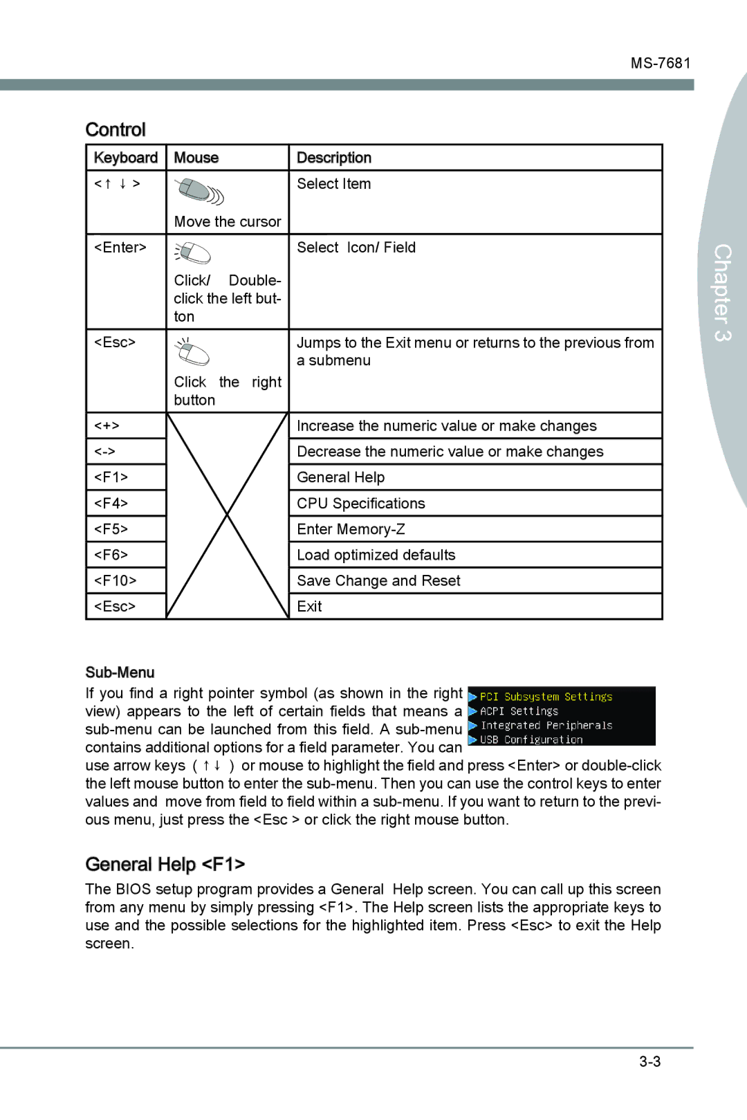 MSI P67A-GD55 (B3) manual Control, General Help F1 