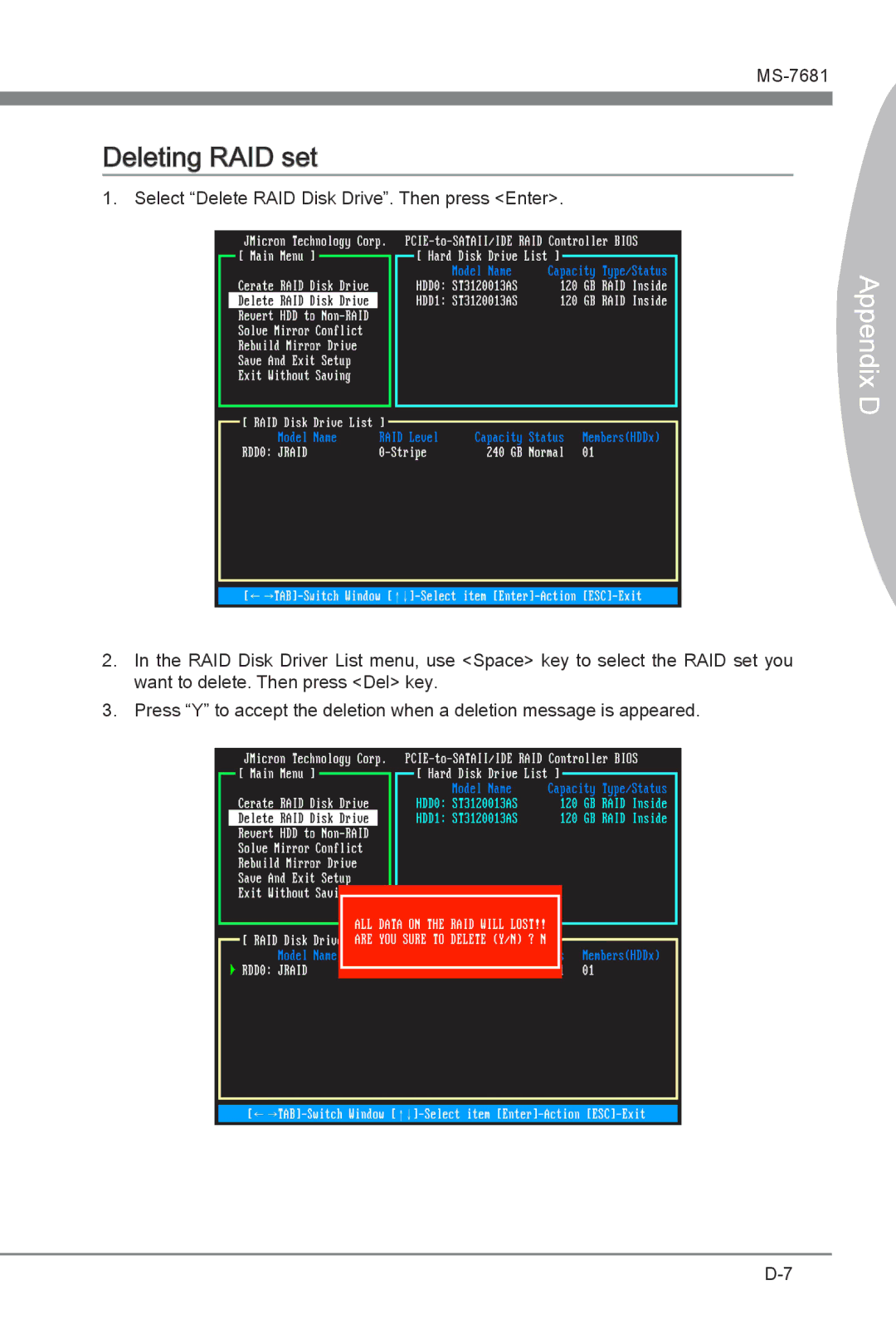 MSI P67A-GD55 (B3) manual Deleting RAID set 