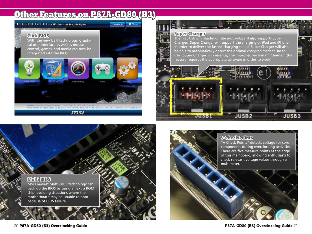 MSI P67A-GD80 (B3) manual Click Bios, Multi Bios, Super Charger, Check Points 