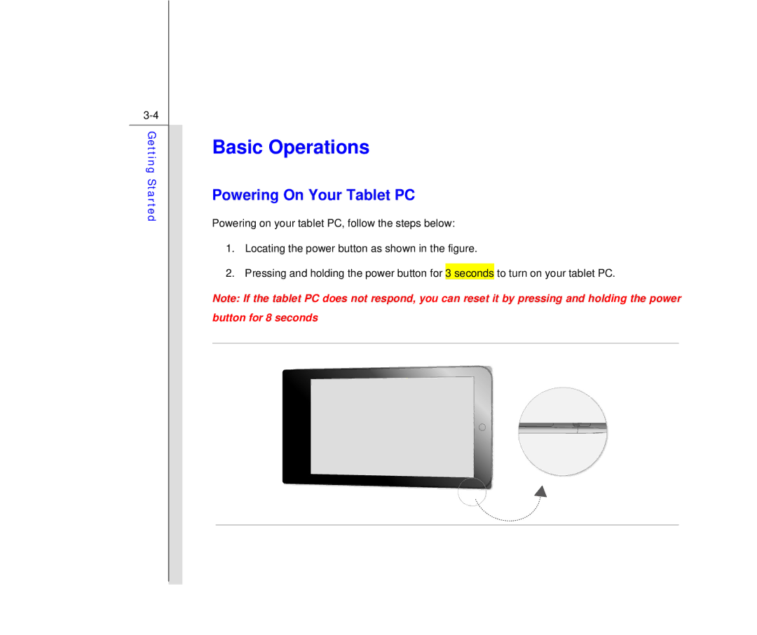 MSI Primo 73K manual Basic Operations, Powering On Your Tablet PC 