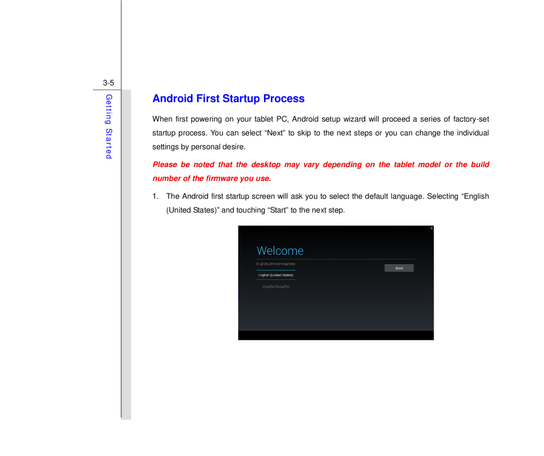 MSI Primo 73K manual Android First Startup Process 