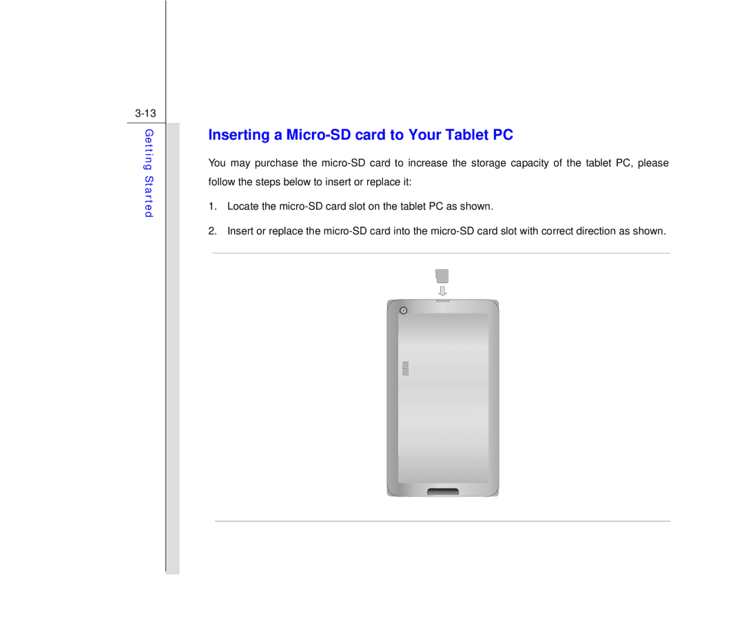 MSI Primo 73K manual Inserting a Micro-SD card to Your Tablet PC 