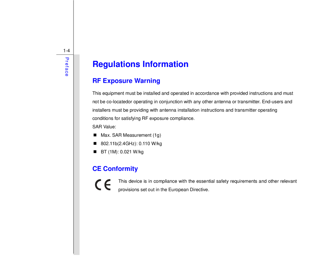 MSI Primo 73K manual Regulations Information, RF Exposure Warning, CE Conformity 