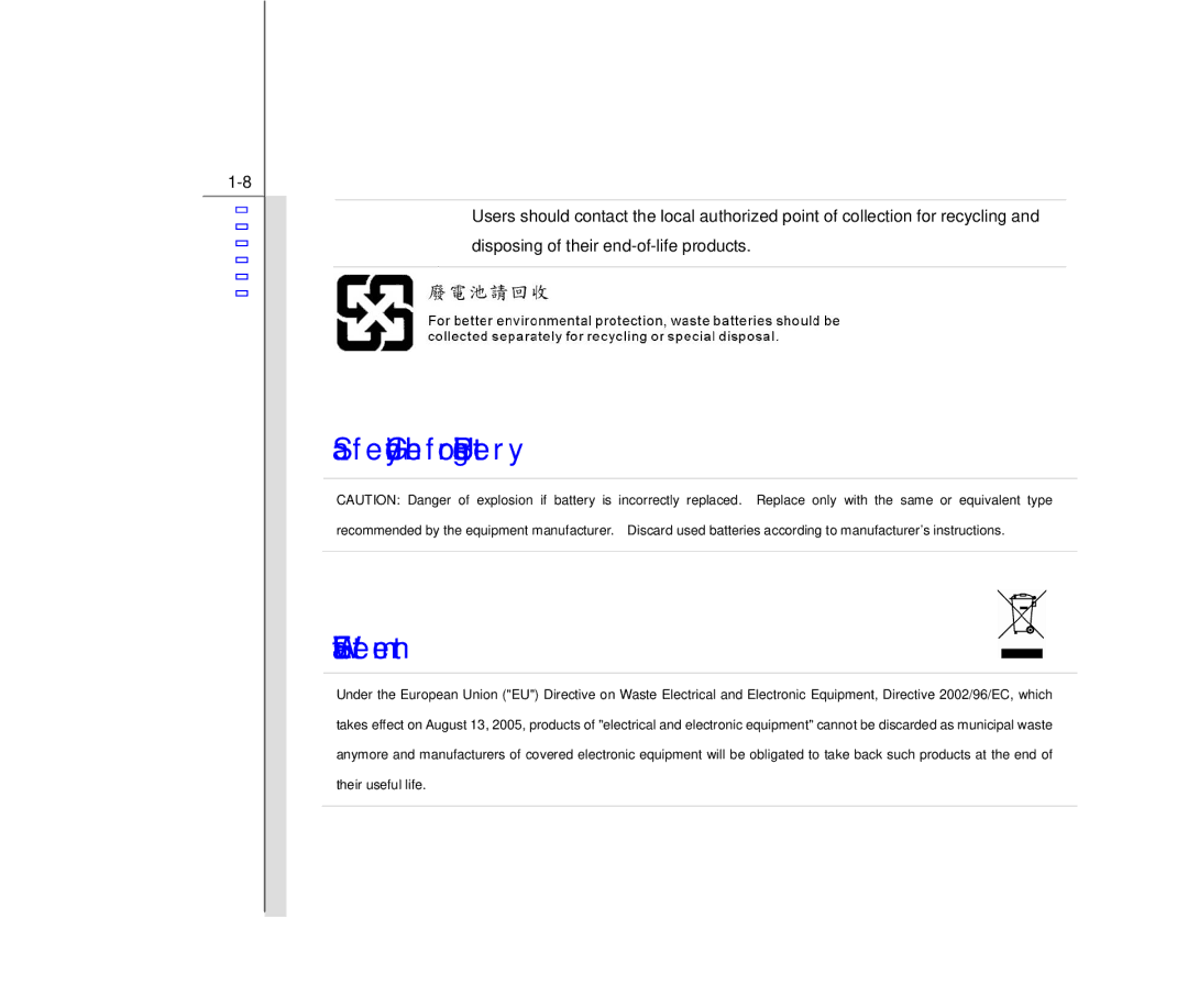 MSI Primo 73K manual Safety Guideline for Using Battery Weee Statement 