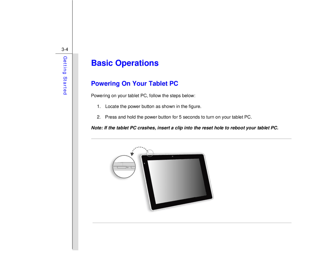 MSI N913, Primo 91 manual Basic Operations, Powering On Your Tablet PC 