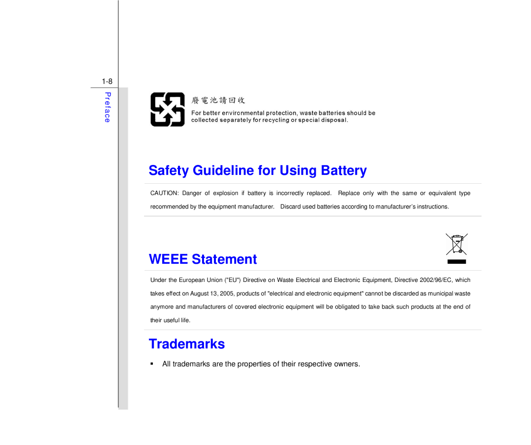 MSI Primo 91, N913 manual Safety Guideline for Using Battery Weee Statement, Trademarks 