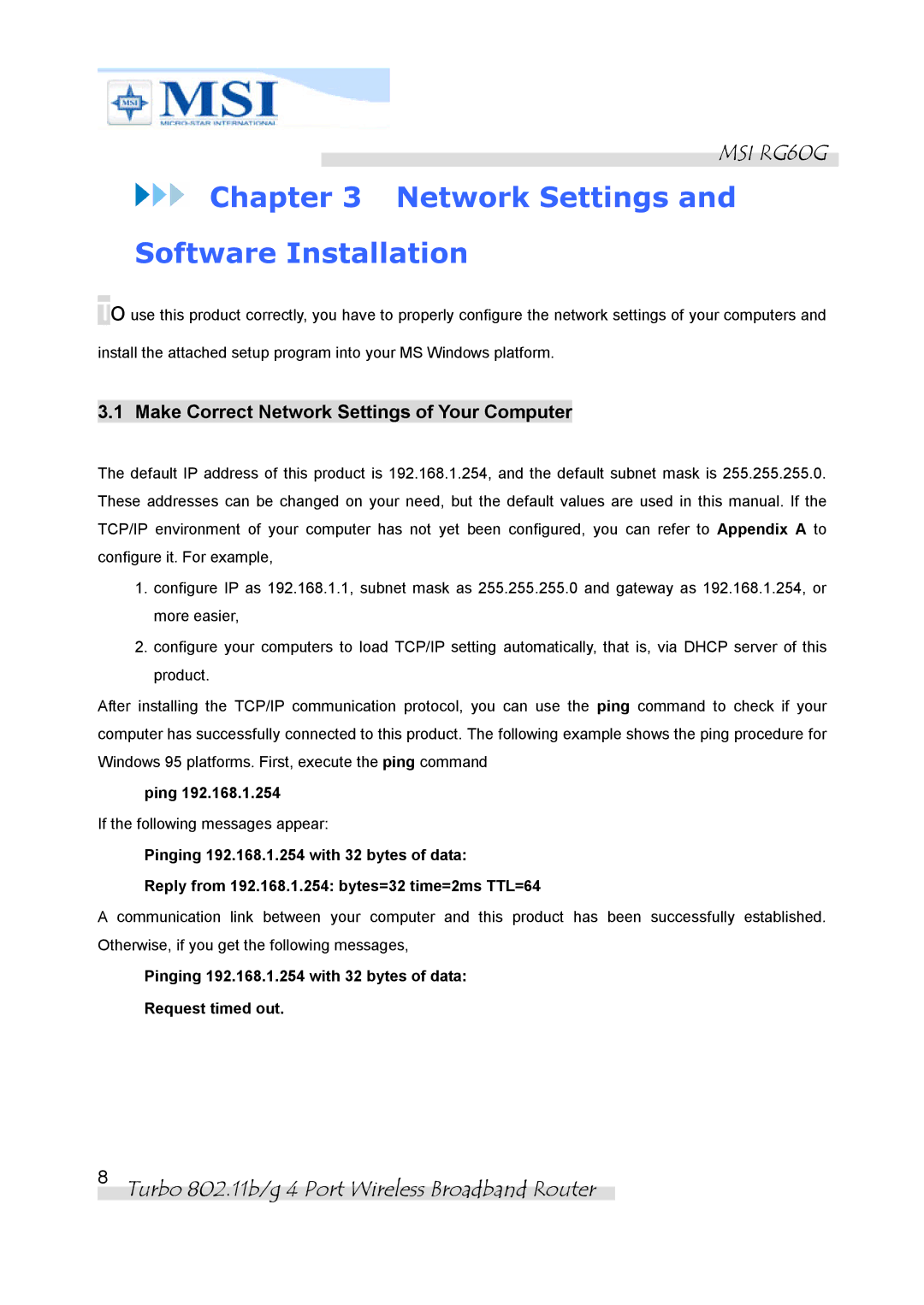 MSI RG60G manual Make Correct Network Settings of Your Computer, Ping 