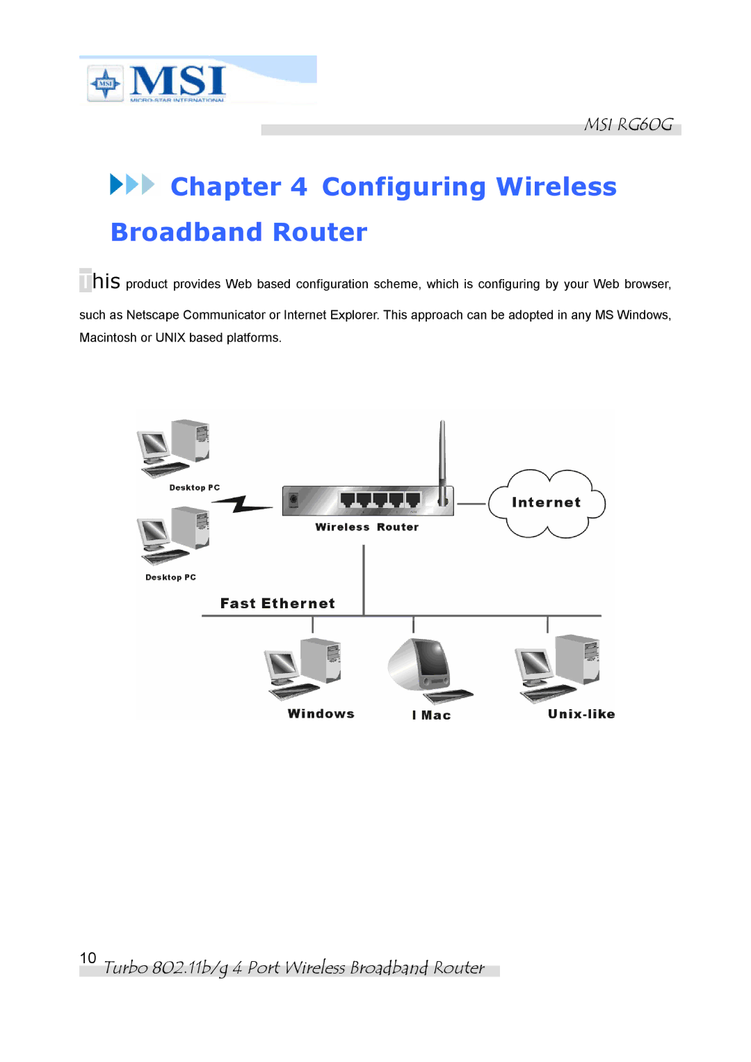 MSI RG60G manual Configuring Wireless Broadband Router 