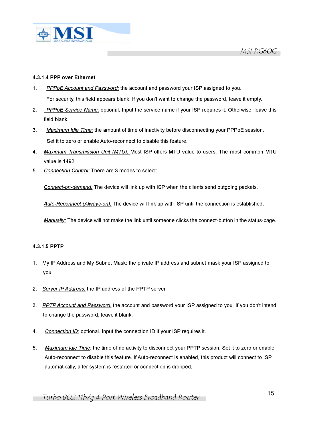 MSI RG60G manual PPP over Ethernet, Pptp 