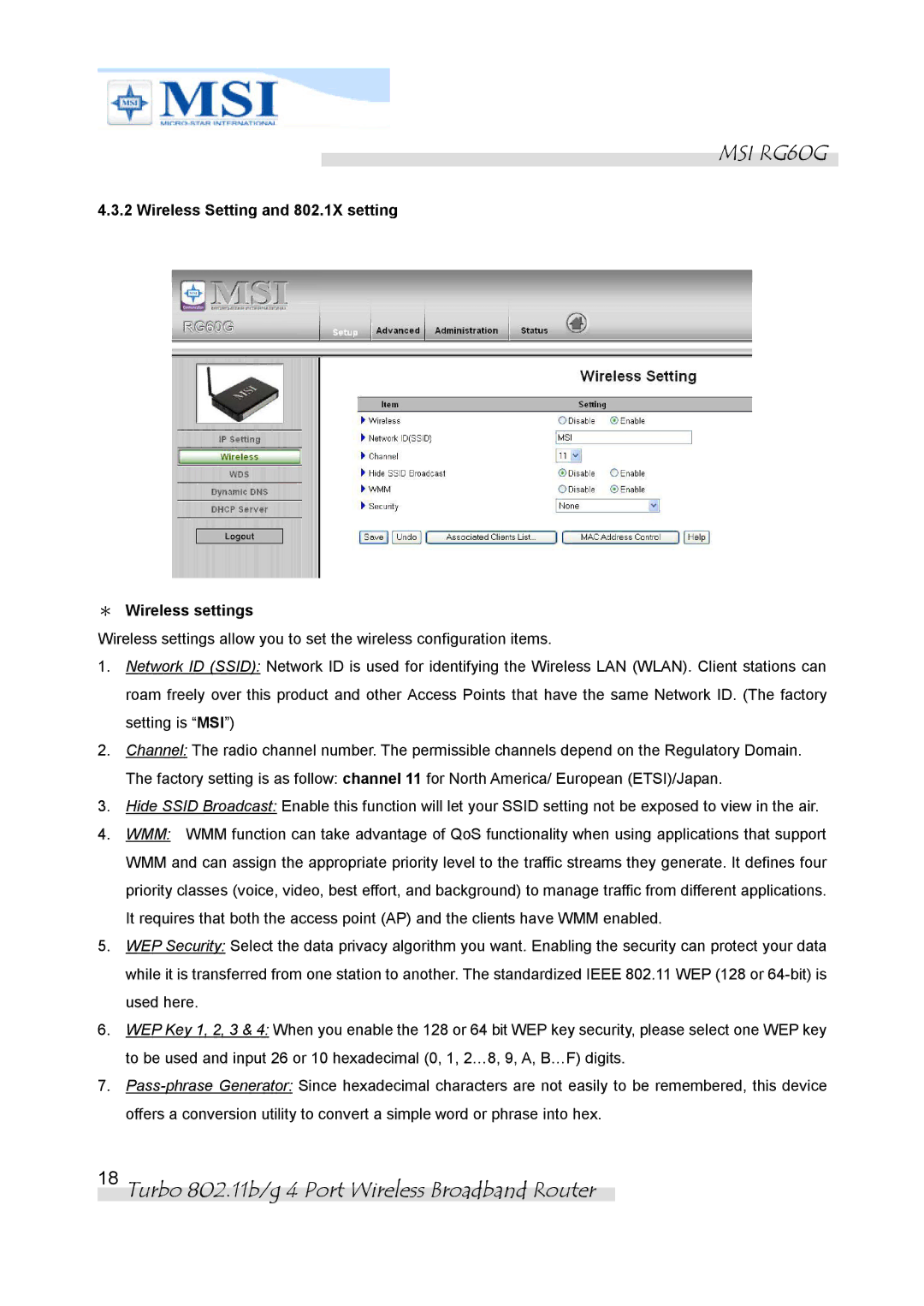 MSI RG60G manual Wireless Setting and 802.1X setting ＊ Wireless settings 