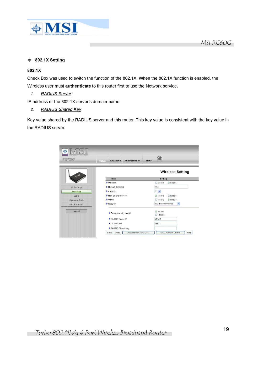 MSI RG60G manual ＊ 802.1X Setting, Radius Shared Key 