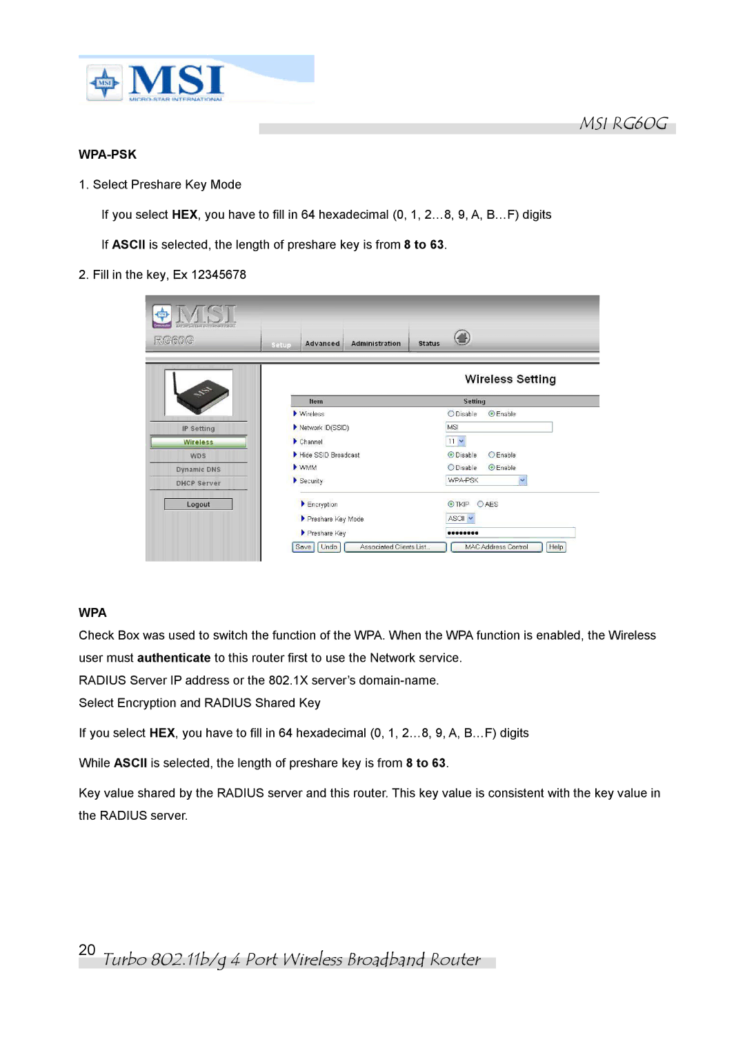 MSI RG60G manual Wpa-Psk 