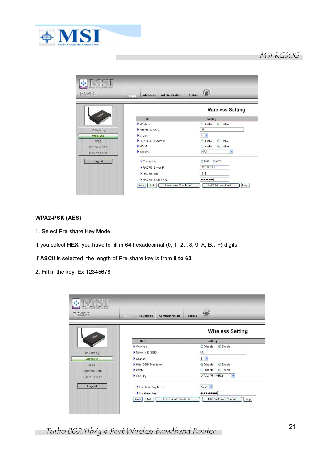 MSI RG60G manual WPA2-PSK AES 