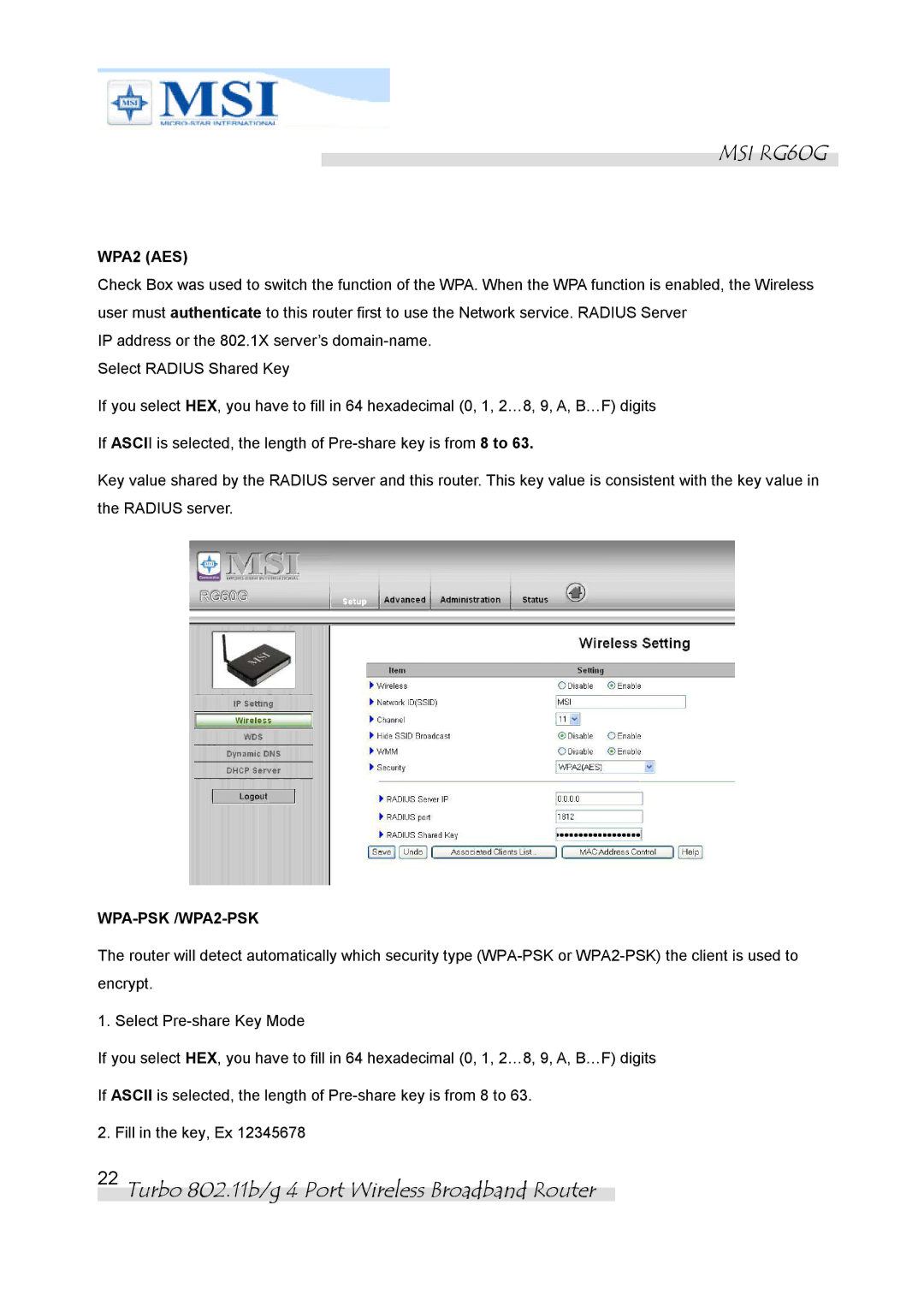 MSI RG60G manual WPA2 AES 