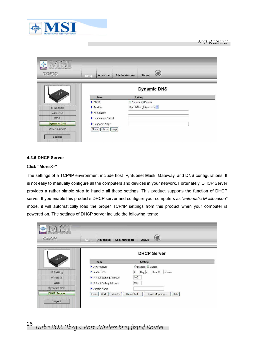 MSI RG60G manual Dhcp Server Click More 