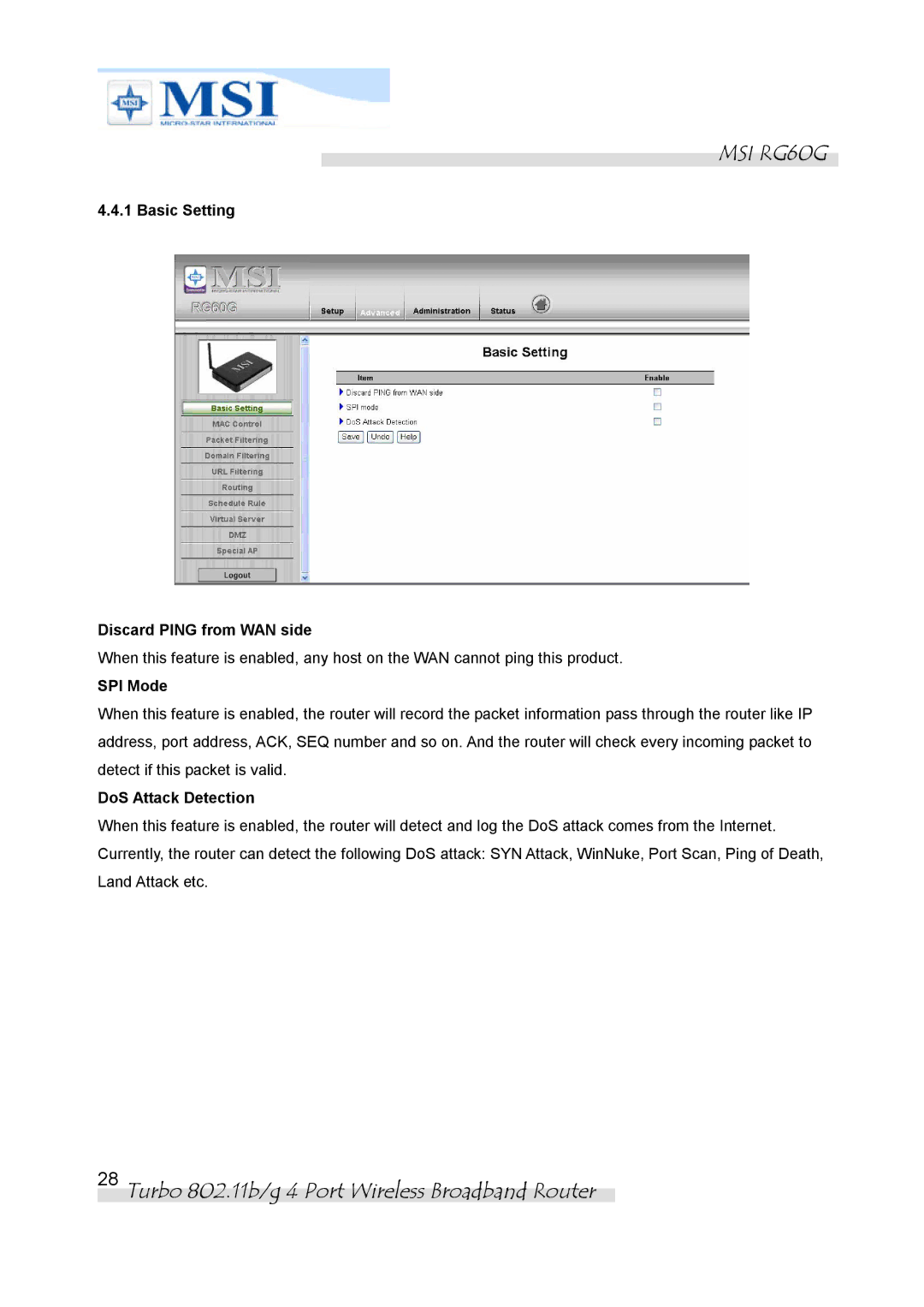 MSI RG60G manual Basic Setting Discard Ping from WAN side, SPI Mode, DoS Attack Detection 