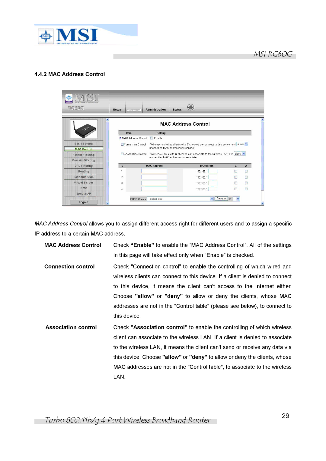 MSI RG60G manual MAC Address Control 