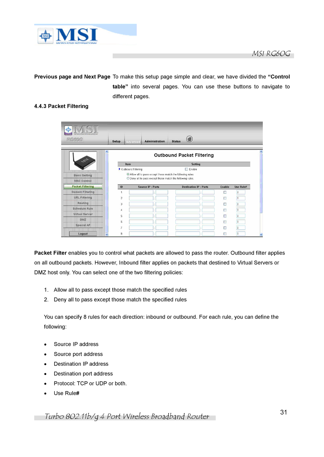 MSI RG60G manual Packet Filtering 