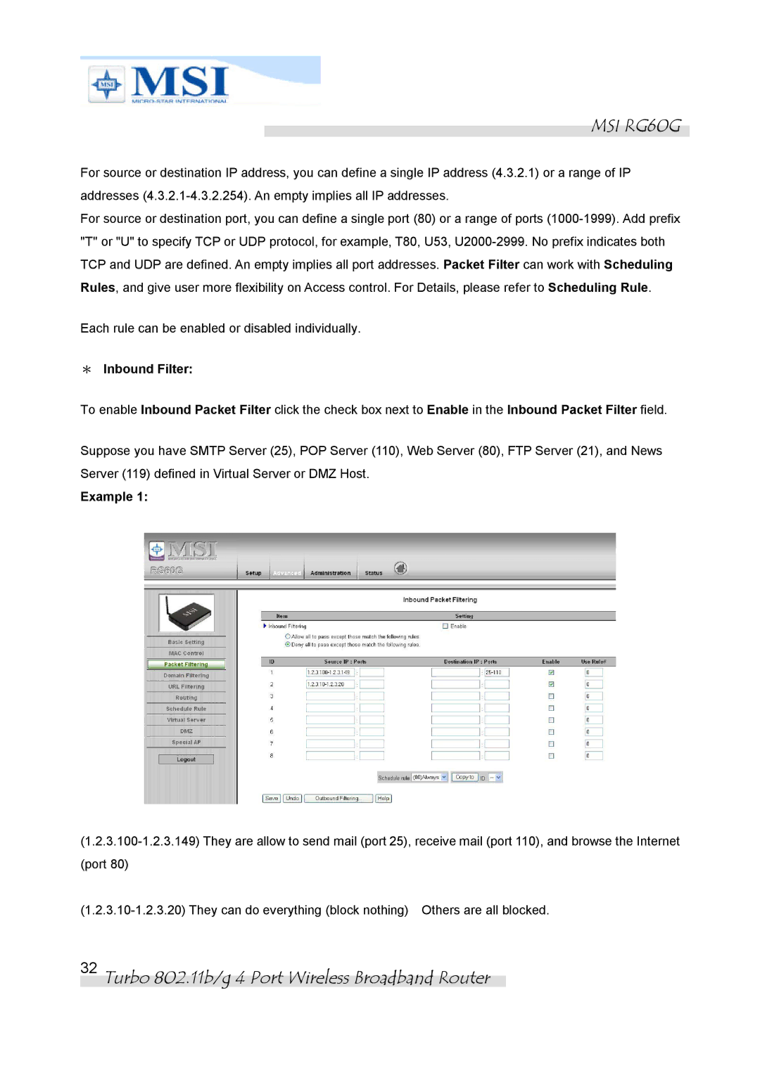 MSI RG60G manual ＊ Inbound Filter, Example 