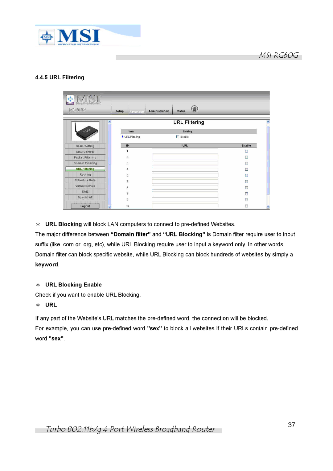 MSI RG60G manual URL Filtering, ＊ URL Blocking Enable 